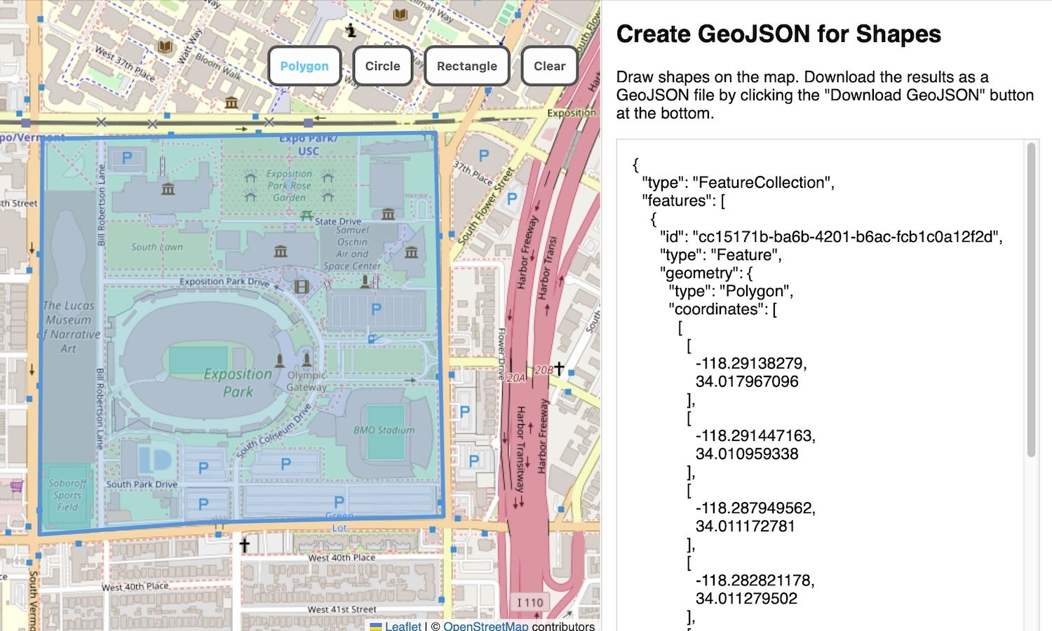 Draw Shapes, Download GeoJSON website
